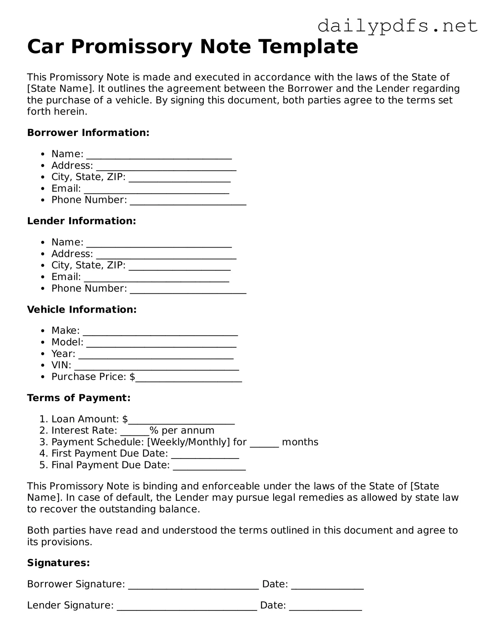 Printable Promissory Note for a Car Document
