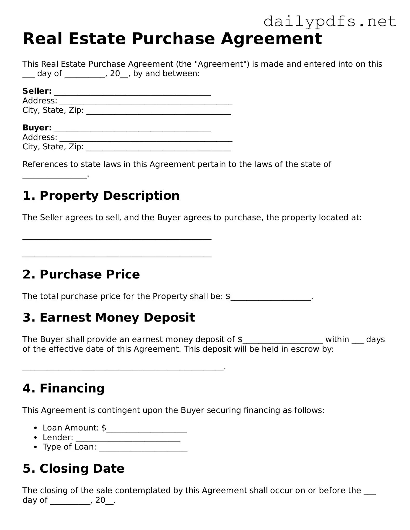 Printable Real Estate Purchase Agreement Document