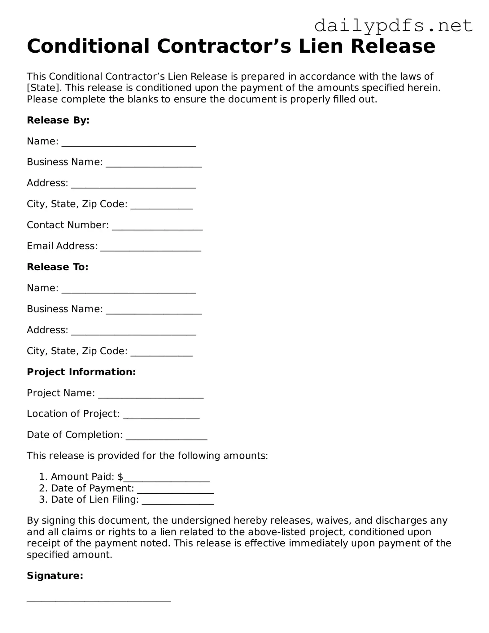 Printable Conditional Contractor’s Lien Release Document