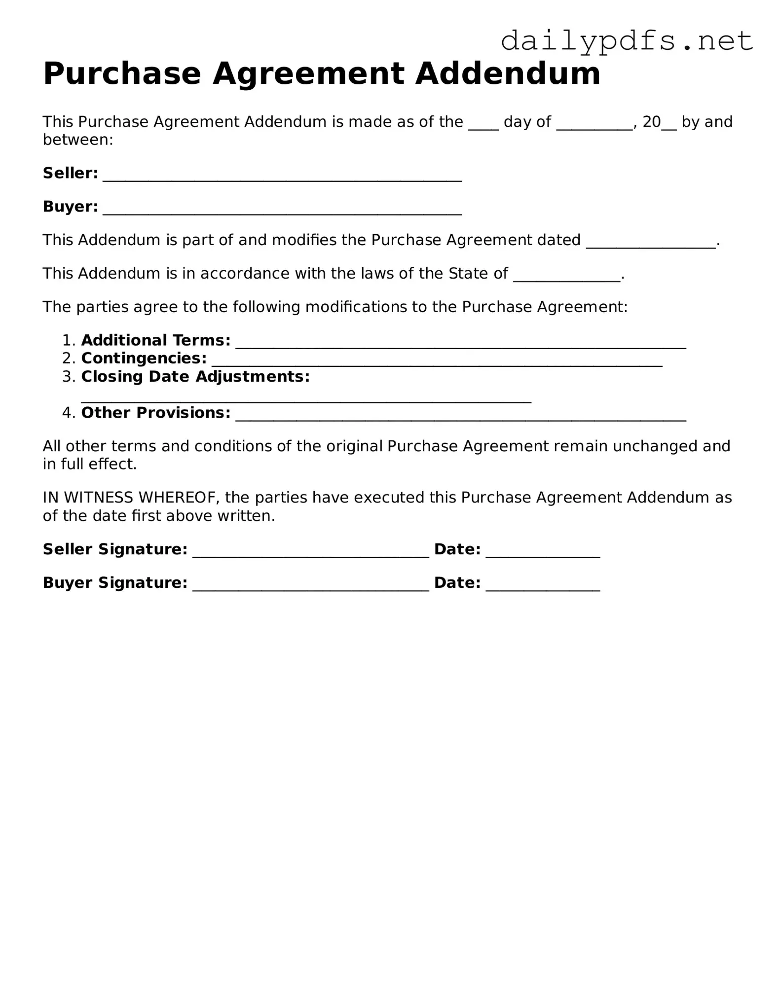 Printable Purchase Agreement Addendum Document