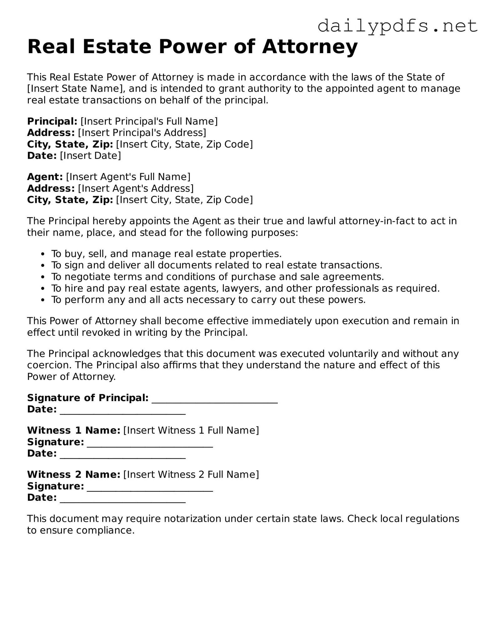 Printable Real Estate Power of Attorney Document