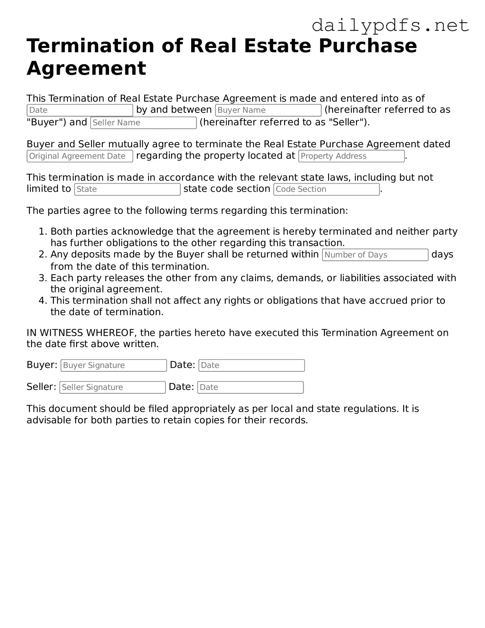 Printable Termination of Real Estate Purchase Agreement Document