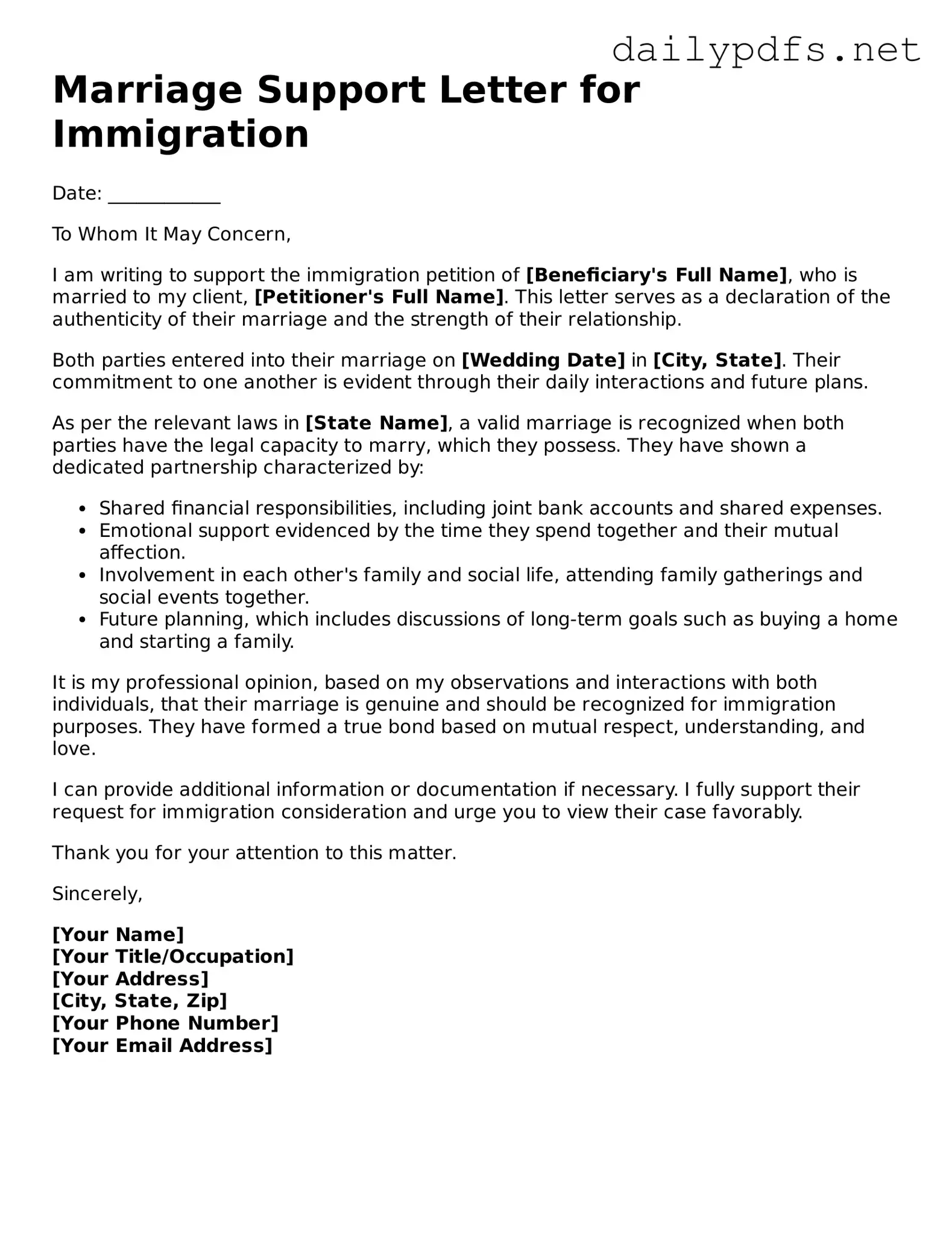 Printable Marriage Support Letter for Immigration Document