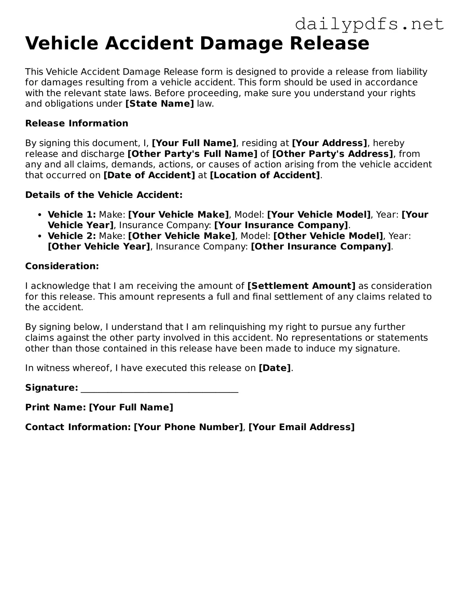 Printable Vehicle Accident Damage Release Document