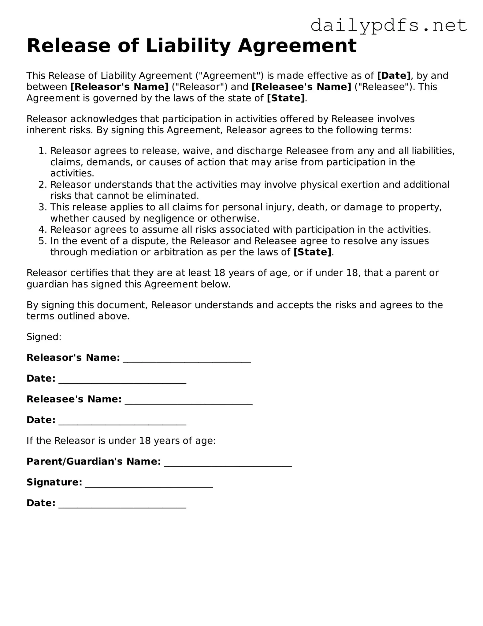 Printable Release of Liability Document