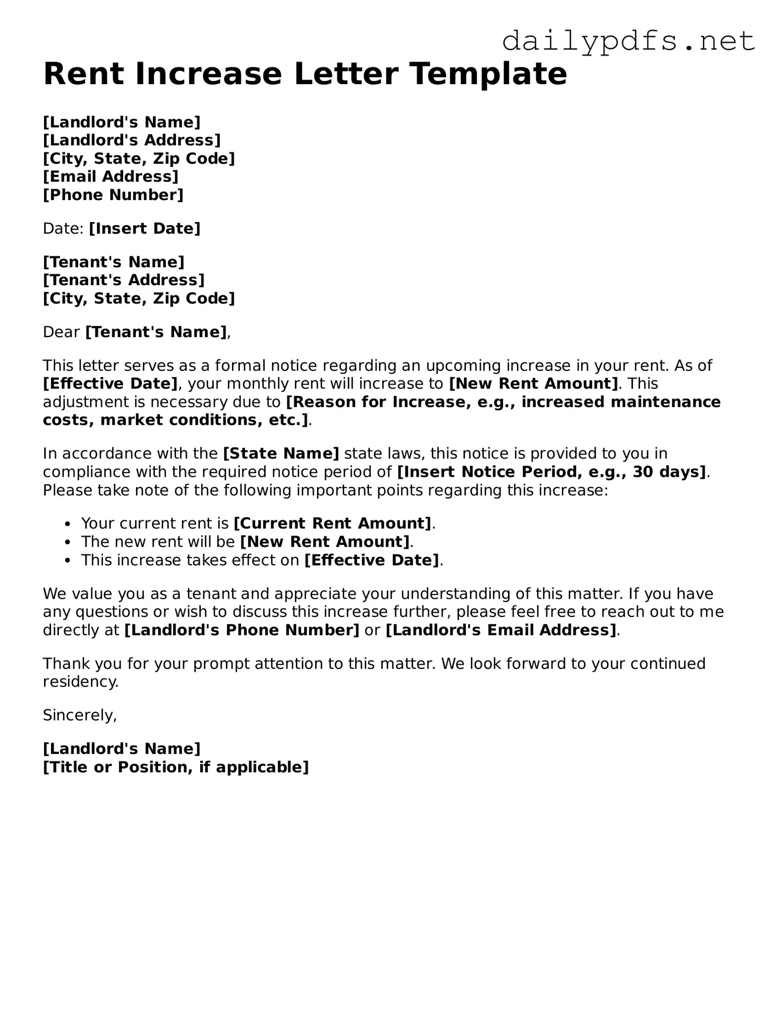Printable Rent Increase Letter Document