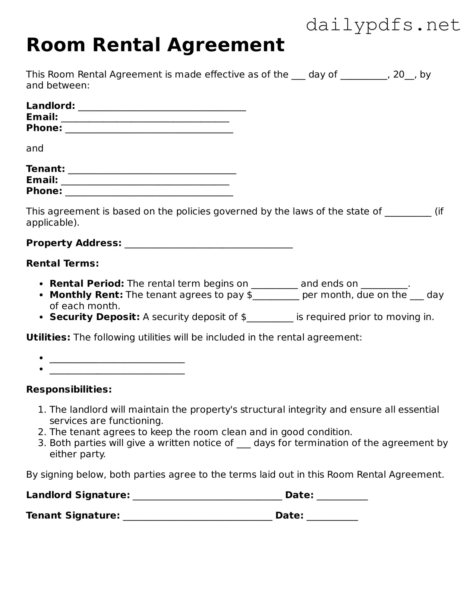 Printable Room Rental Agreement Document