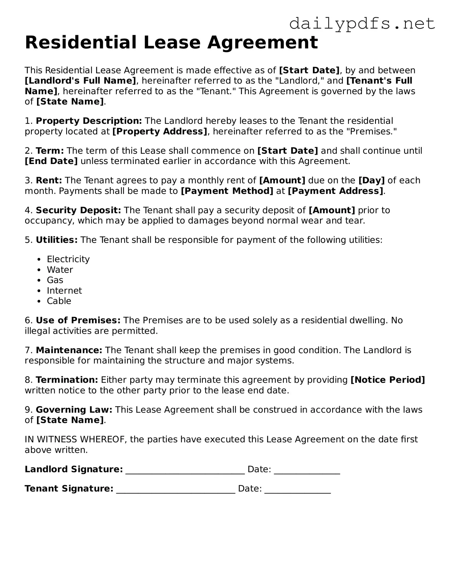 Printable Lease Agreement Document