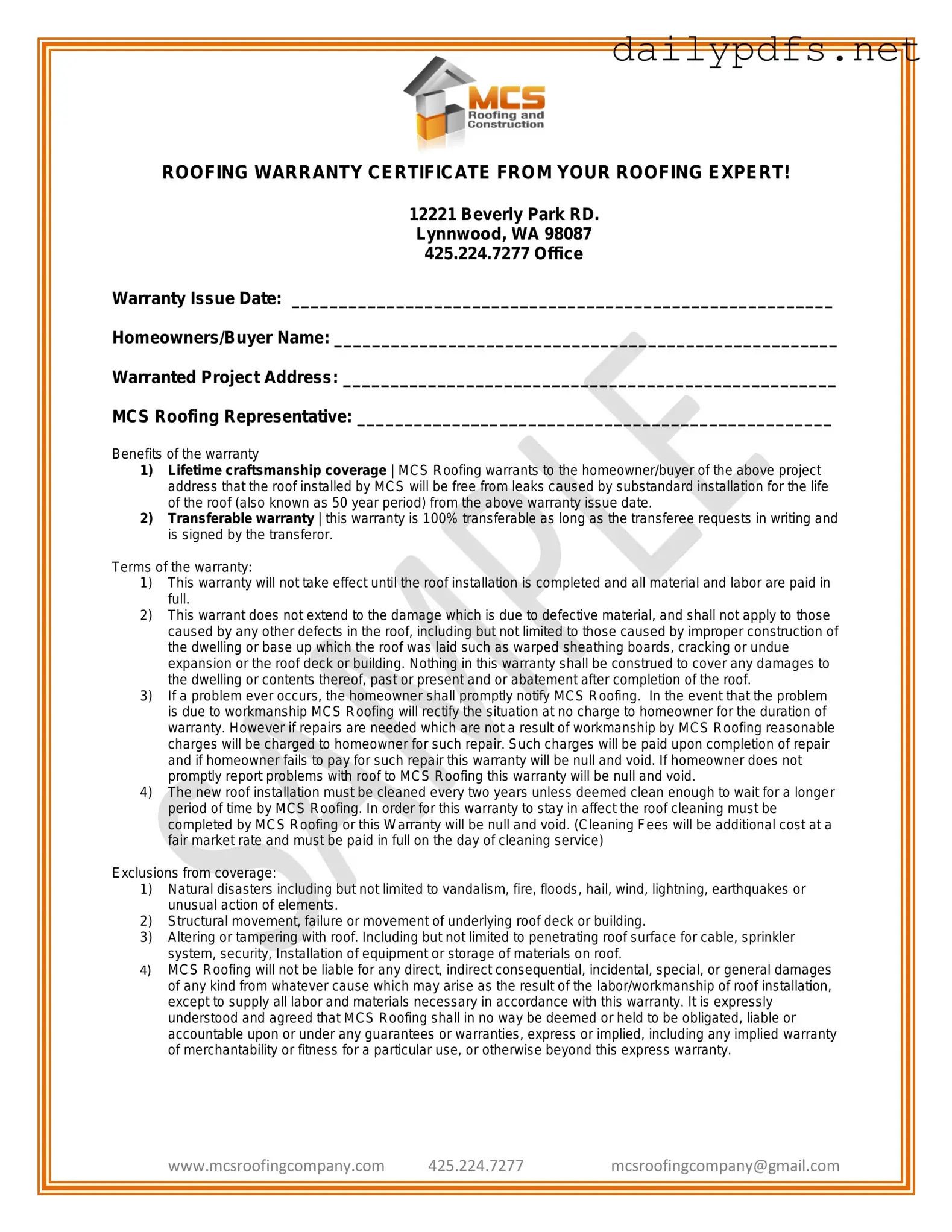 Fill Out Your Roofing Warranty Certificate Form