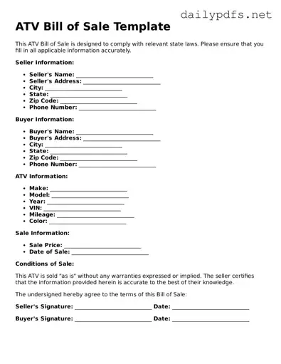 Printable ATV Bill of Sale Document