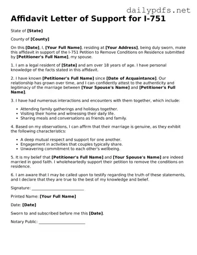Printable Affidavit Letter of Support for I-751 Document