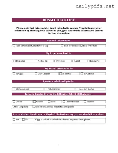 Fill Out Your Bdsm Checklist Form