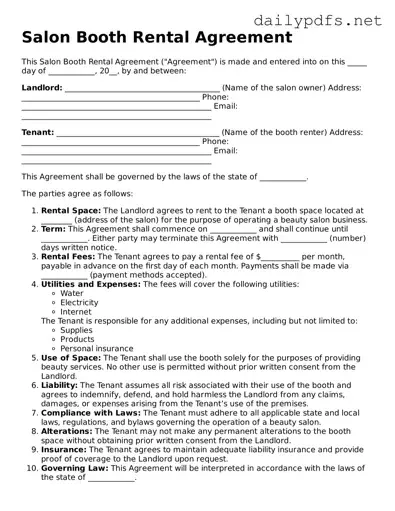 Printable Salon Booth Rental Agreement Document