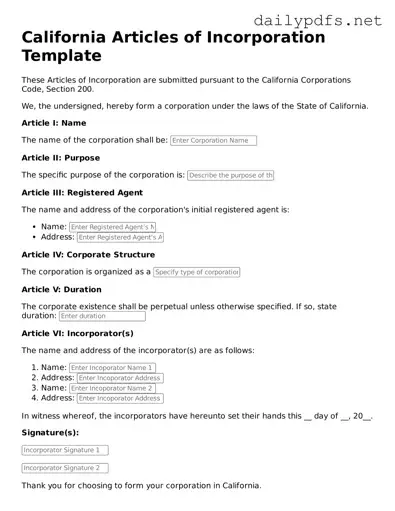 Free  Articles of Incorporation Template for California