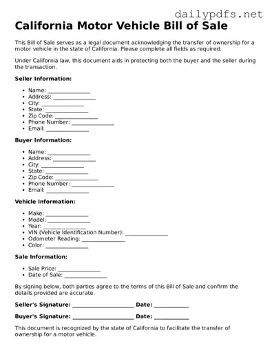 Free  Motor Vehicle Bill of Sale Template for California
