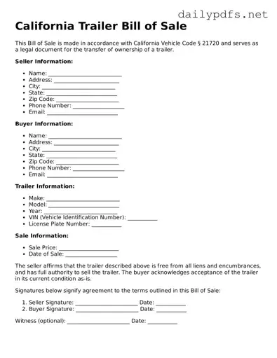 Free  Trailer Bill of Sale Template for California