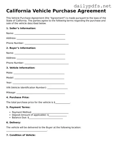 Free  Vehicle Purchase Agreement Template for California