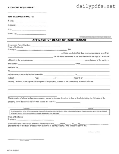 Fill Out Your California Death of a Joint Tenant Affidavit Form