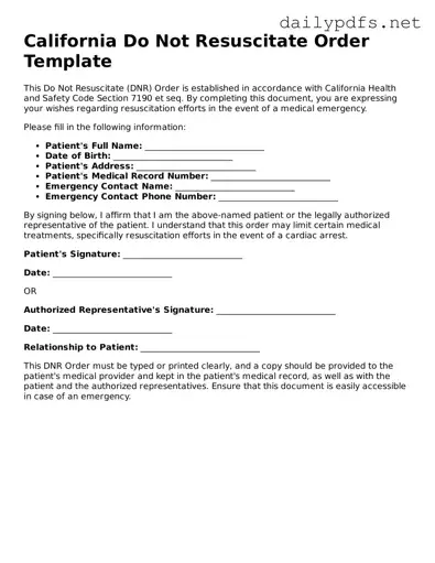 Free  Do Not Resuscitate Order Template for California