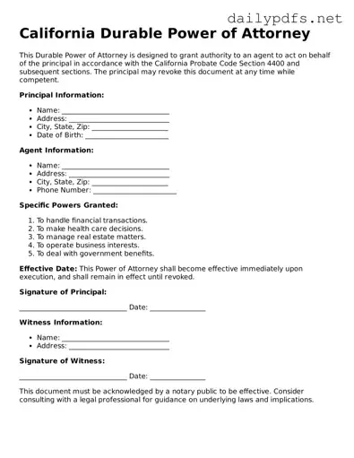Free  Durable Power of Attorney Template for California