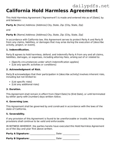 Free  Hold Harmless Agreement Template for California