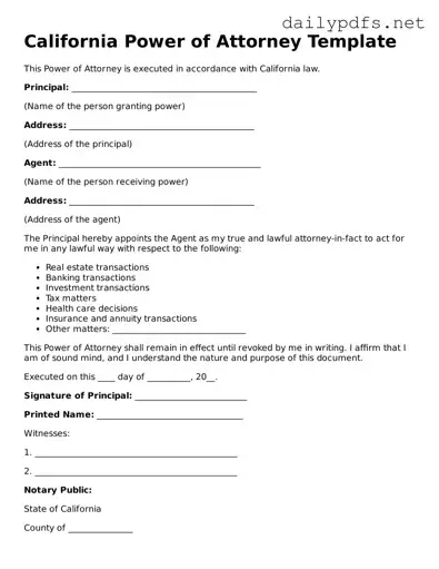 Free  Power of Attorney Template for California