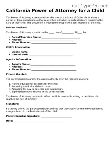 Free  Power of Attorney for a Child Template for California