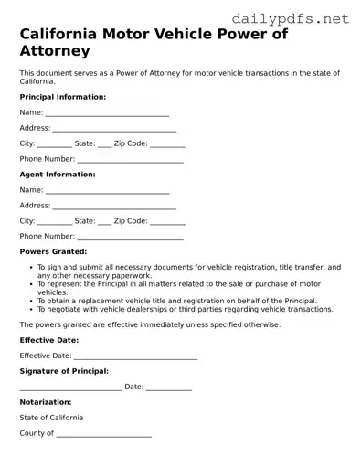 Free  Motor Vehicle Power of Attorney Template for California