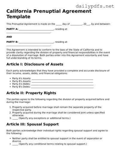 Free  Prenuptial Agreement Template for California