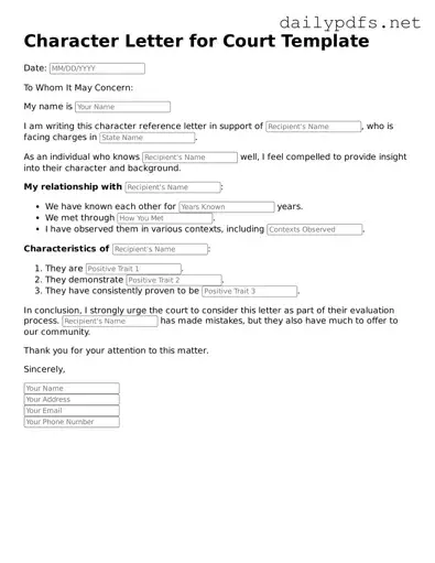 Printable Character Letter for Court Document