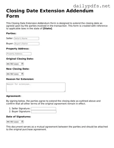 Printable Closing Date Extension Addendum Form Document