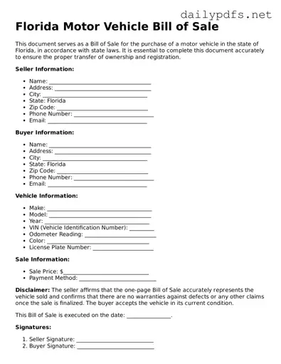 Free  Motor Vehicle Bill of Sale Template for Florida
