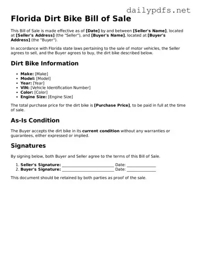 Free  Dirt Bike Bill of Sale Template for Florida