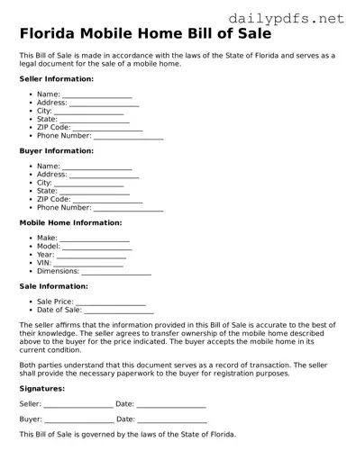Free  Mobile Home Bill of Sale Template for Florida