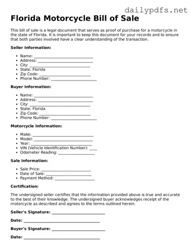 Free  Motorcycle Bill of Sale Template for Florida