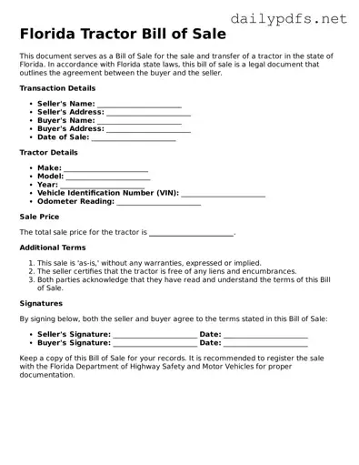 Free  Tractor Bill of Sale Template for Florida