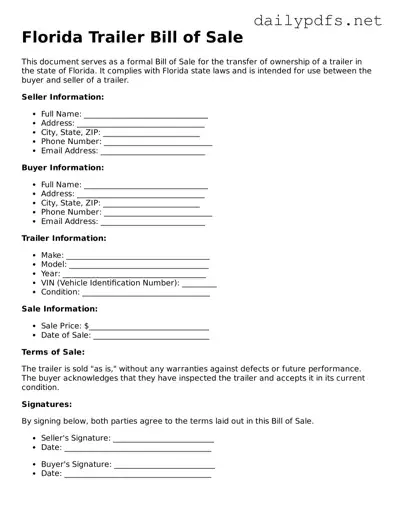 Free  Trailer Bill of Sale Template for Florida