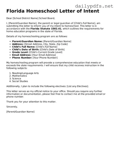 Free  Homeschool Letter of Intent Template for Florida
