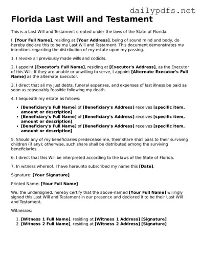 Free  Last Will and Testament Template for Florida