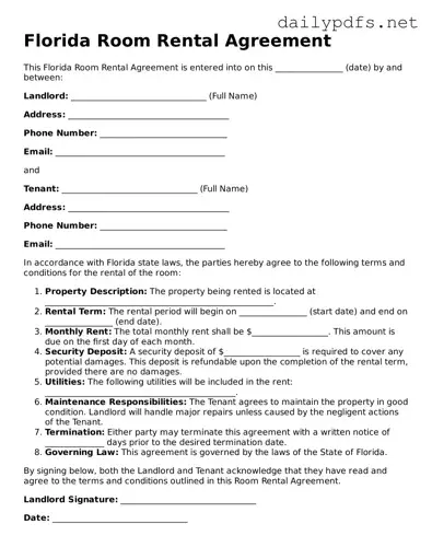 Free  Room Rental Agreement Template for Florida