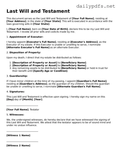 Printable Last Will and Testament Document