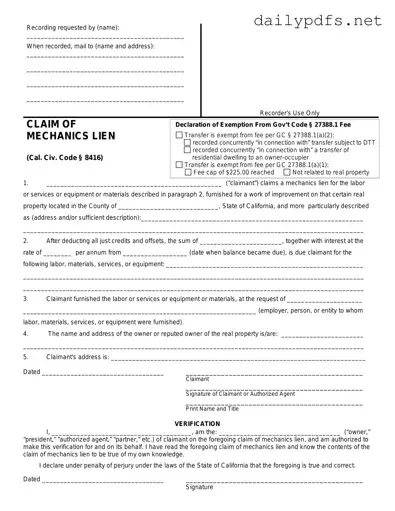 Fill Out Your Mechanics Lien California Form