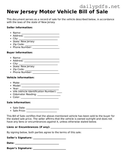 Free  Motor Vehicle Bill of Sale Template for New Jersey