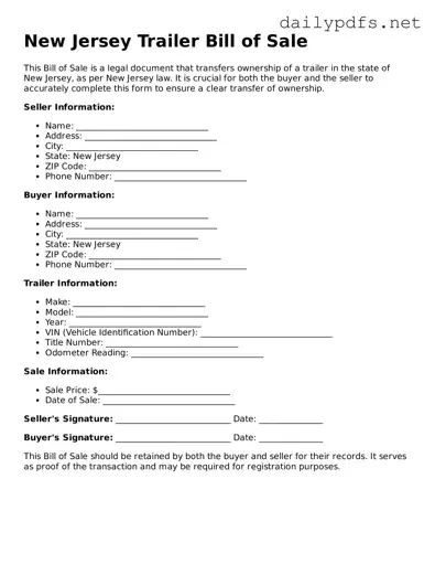Free  Trailer Bill of Sale Template for New Jersey