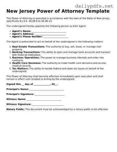 Free  Power of Attorney Template for New Jersey