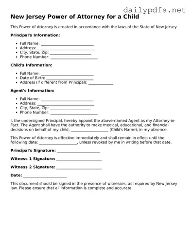 Free  Power of Attorney for a Child Template for New Jersey