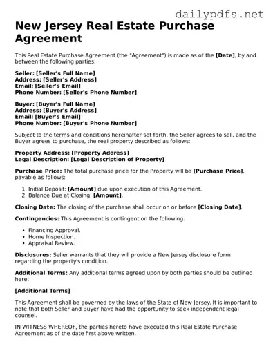 Free  Real Estate Purchase Agreement Template for New Jersey