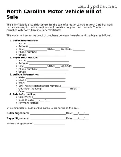 Free  Motor Vehicle Bill of Sale Template for North Carolina