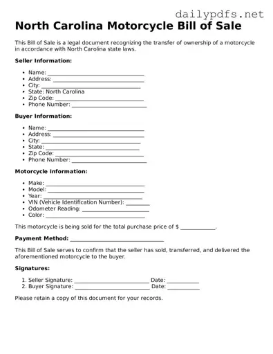 Free  Motorcycle Bill of Sale Template for North Carolina
