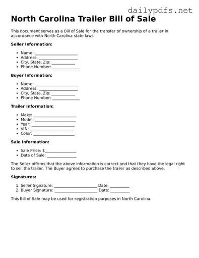 Free  Trailer Bill of Sale Template for North Carolina